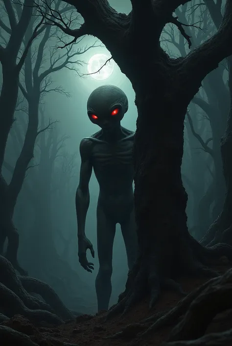 Spooky gray alien ,  with red eyes, no ears, high, horrifying, behind a tree,  in a dark, dark forest.