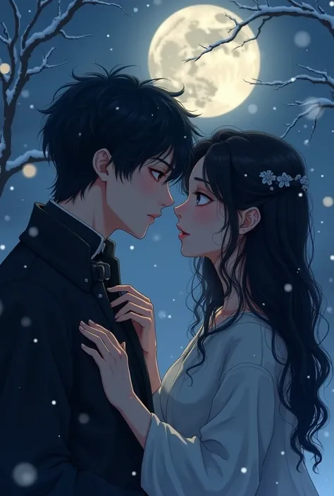 On a cold night,  under the soft glow of the moon ,  they were side by side ,  so close that the air between them seemed to warm . the woman,  with her long black and wavy hair ,  I could feel my heart racing as her greyish eyes met the ruby glow of his . ...