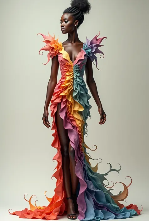 An insanely detailed (((full body))) (((fantastical female figure with brown skin))) in (((multi-colored Origami style))), embodying a timeless beauty with flowing lines and intricate details. Her figure stands tall, elegantly posed, with a beautifully pro...