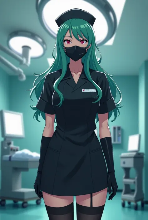 Black nurse, 1 woman, Alone, Black nurse cap, Black nurse uniform, ((black legwear, zettai ryouiki)),  black elbow gloves , Forehead, langes Haar, green hair, Pink eyes, (( Black surgical mask, covered nose)),  standing, ((operating room)), sharp outline, ...