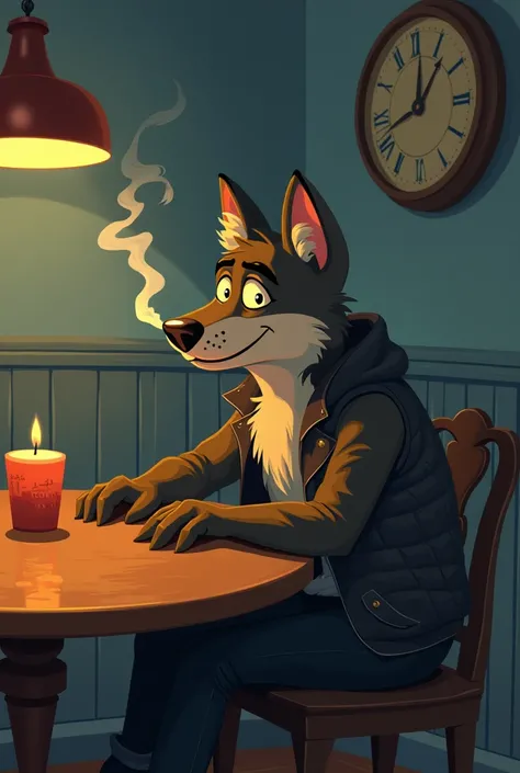 The wolf from the cartoon, wait a minute, smokes and sits at a round table