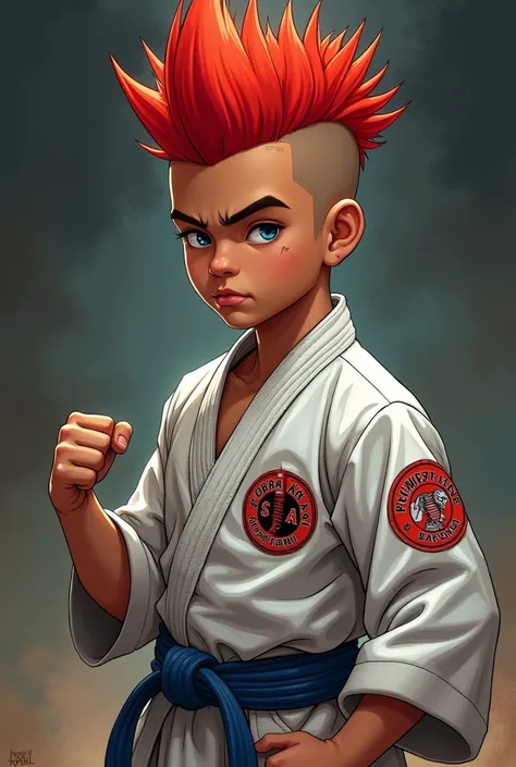 A boy with a red mohawk, blue eyes, wearing a karate outfit , cobra kai, Eli, fanart 