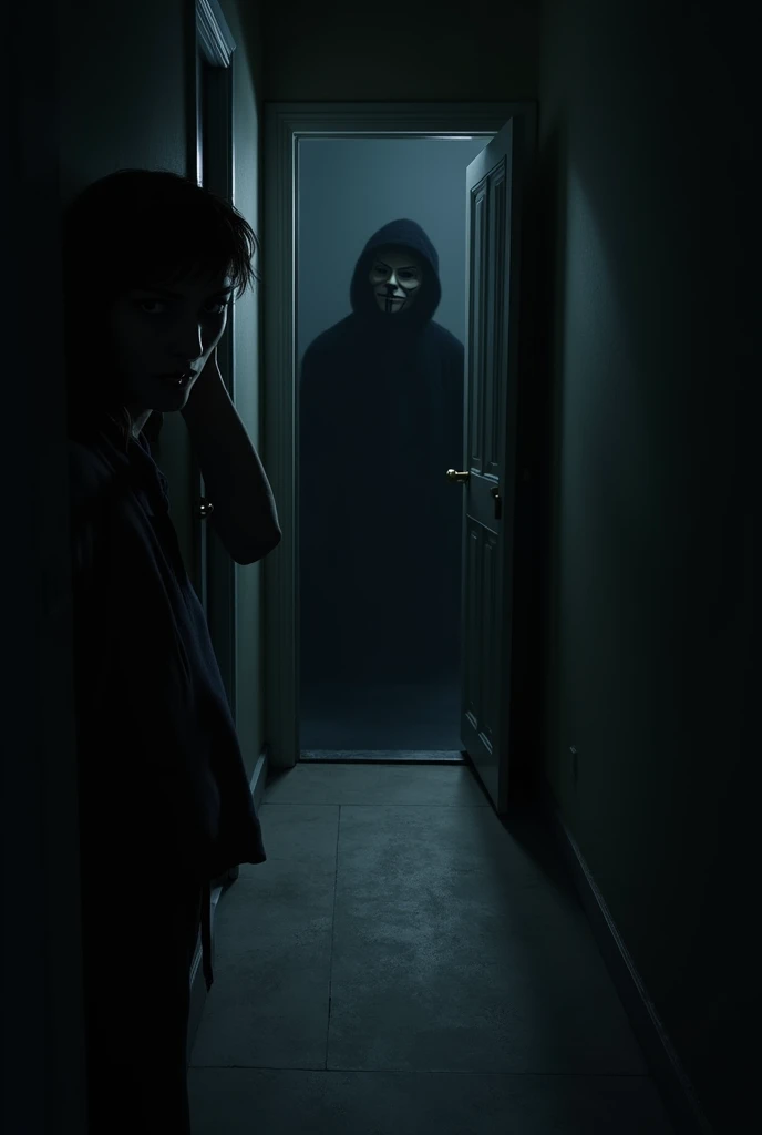 A tense, dark hallway with the protagonist nervously peeking around the corner toward an open door. Inside the room, a shadowy figure wearing a mask is halfway inside, looming ominously. The door creaks slightly as it opens further, with dim light casting ...