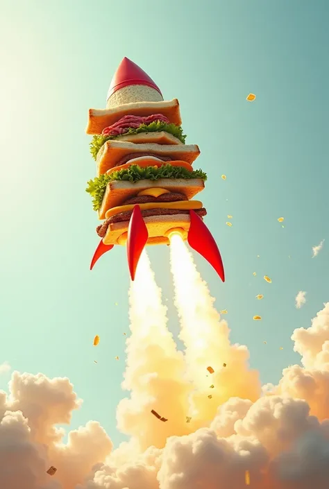 very tall sandwich taking off like a rocket, rocket explosion, off the ground, in the clouds, weird, whimsical, product photography