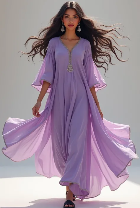 A girl wearing lavender kurti, silver earrings, black shoes, open hair nude pink lipstick 