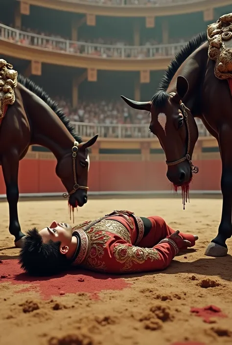 Make me an image where the horses are standing with blood in their mouths and in León lying on the ground  because he is injured have a bullring