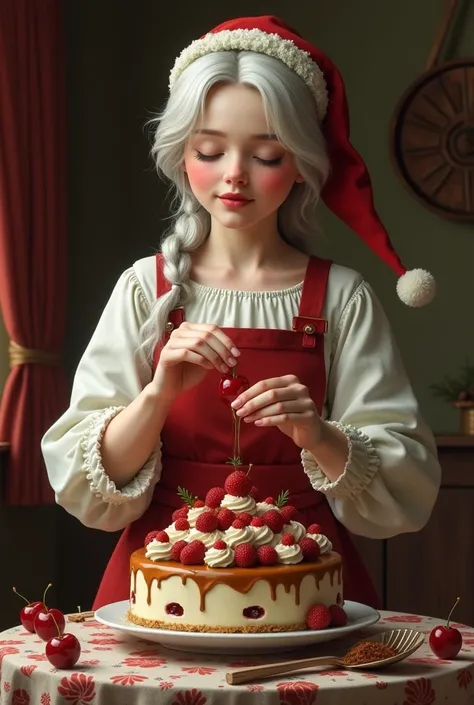 La mère Noël portrait réaliste avec son tablier qui pose une cerise sur une grande pièce montée. Une petite lettre g se cache discrètement dans limage.