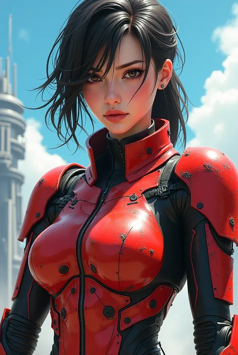 Cyberpunk female warrior in a futuristic armored suit, vibrant reddish color scheme with visible wear and tear, scratches, and dents, showing signs of battle. The suits sleek and polished metallic finish is partially worn down, with exposed mechanical elem...