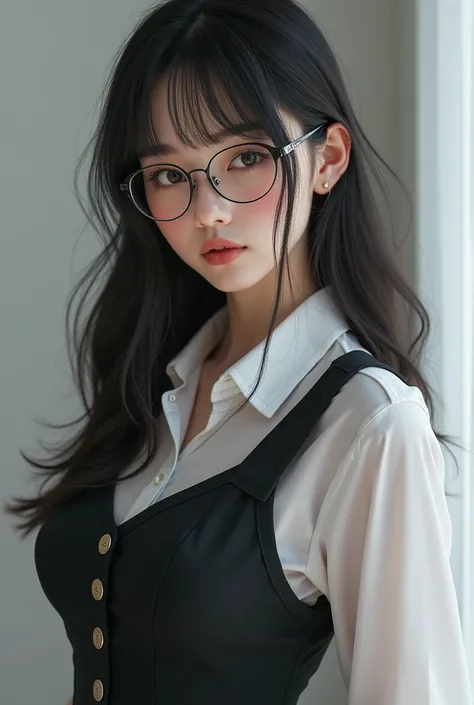  Beautiful girl with long straight hair , white complexion and glasses with sexy school uniform
