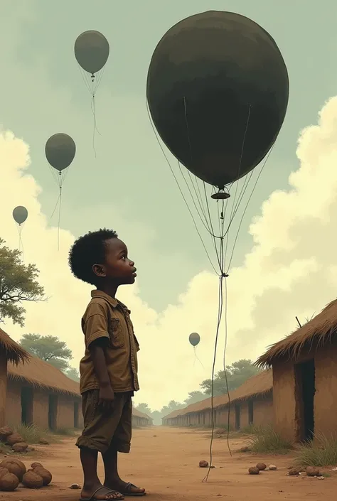 A little black nigro poor boy watching up in the sky where black balloons flying in old Africas days 