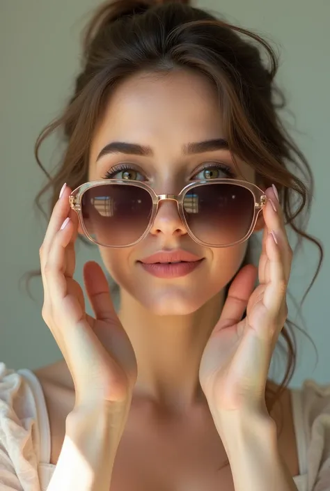 Change photo .  Girl holding sunglasses