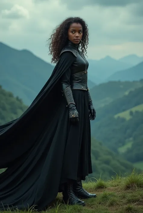 Dark-skinned girl with soft, curly brown hair wearing a black dress and leather gloves standing on a hill, wearing a flowing costume, Ana de Armas as Joan of Arc, flowing robes and leather armor, leather boots and cape, Yennefer of Vengerberg, Yennefer, fr...