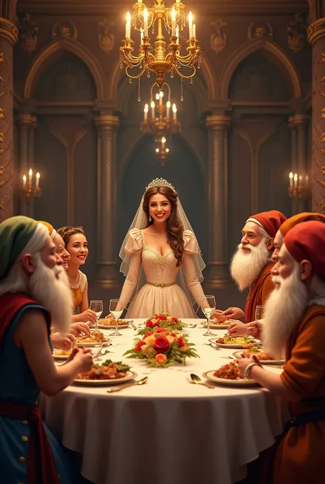 A medieval banquet scene where Snow White and the Prince celebrate their wedding. Les sept nains sont invités d’honneur, tous avec des expressions joyeuses et portant leurs plus beaux habits