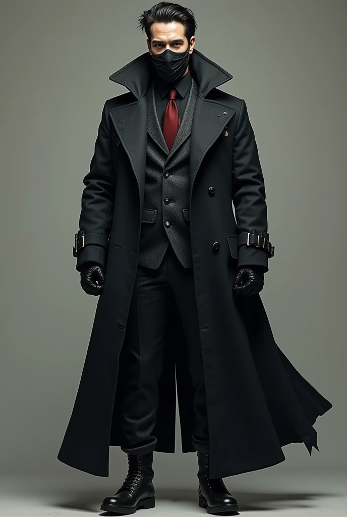 A man with traits typical of a Japanese descendant . Who is 27 years old He wears a super villain uniform he has a military boot , With I feel useful  , In addition, he wears a huge overcoat on his face with a mask that has half of his face 