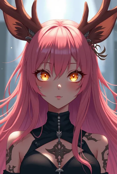 My hero academia style anime woman with long pink hair and deer ears. She has golden eyes and a lot of ear piercings