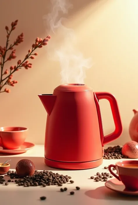 Create a photo for Wildberries .  An advertisement for a red electric kettle on a beige moamorous table top and with an assortment of tea