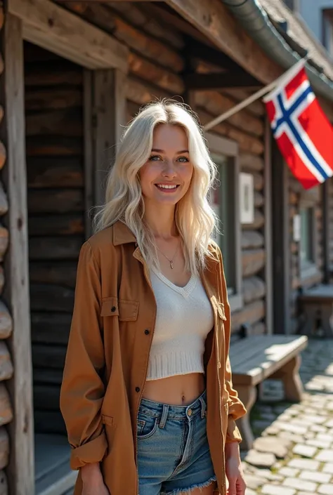 A realistic woman with platinum blonde hair and blue eyes explores the charming city of Bergen, standing in front of a rustic wooden building, possibly a historical or cultural site. She wears stylish summer clothes, while strolling through the old streets...