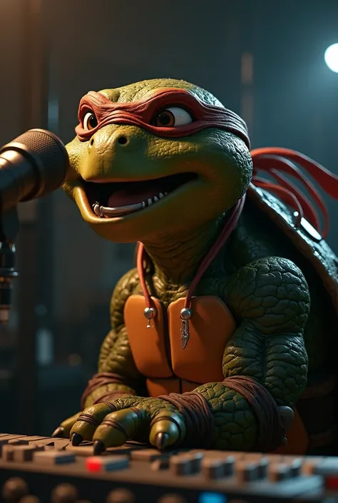 (photorealism:1.2), a ninja turtle is singing inside the studio, black, Closeup