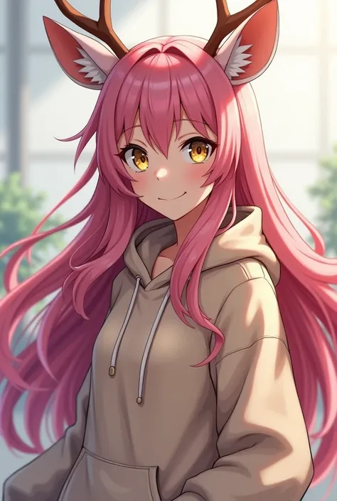 My hero academia style anime woman with long pink hair and deer ears. She has golden eyes and wears a hoodie