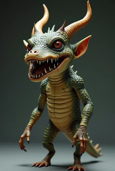  It is small but in a humanoid body with crooked horns, Very sharp teeth like that of an alligator . 


