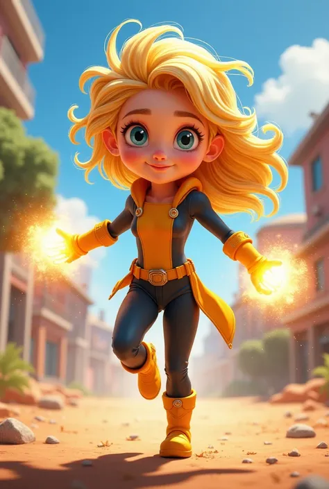 Create me an image of a blonde girl with Pixar-style super power