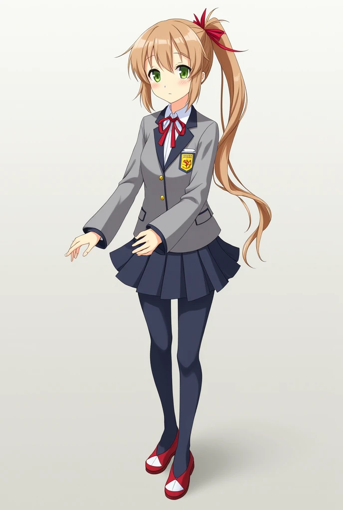   with long light brown hair ,  that she keeps in a ponytail ,  tied in a long bow . She has emerald green eyes .

 She wears a typical school uniform ,  stockings, which is a gray blazer with a white ,  on which there is a red ribbon .  She also wears a d...