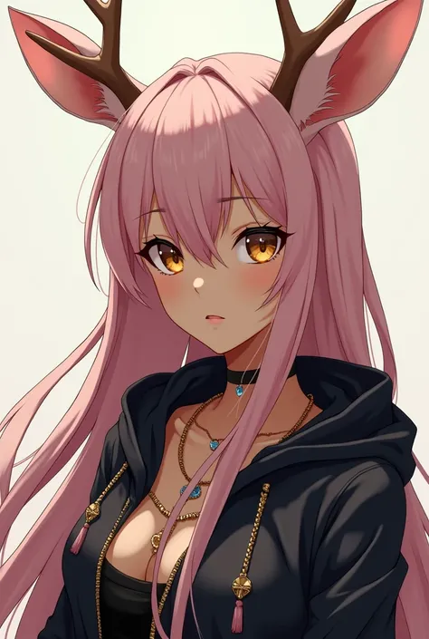 Serious anime woman with long pale pink hair and deer ears. Tan skin. She has golden eyes and wears a black hoodie. Wears jewelry