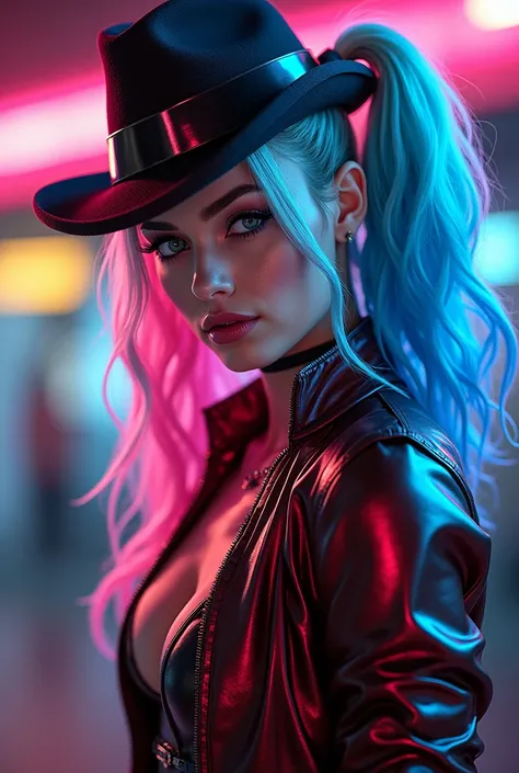   Margot Robbie as Harley Quinn half hair pink half blue long flowing wavy hair, Beautiful woman medium hair , wear a hat, cyberpunk style short clothes 