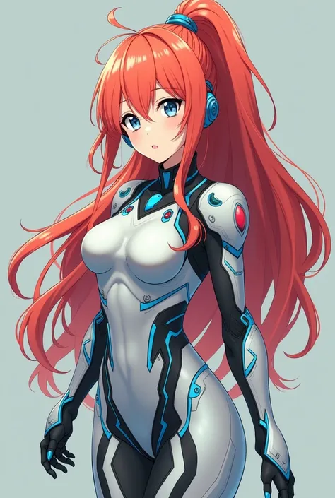 Full body version of a 20-year-old Japanese anime half android human female character with strawberry-red, long, wavy hair often tied in a high ponytail during classes or engineering projects, but free during relaxed moments. Hair color is particularly bri...