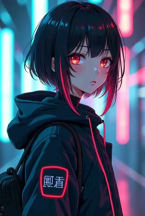 Full body version of a Japanese half android and human female character of 25-year-old woman, short black hair with long locks and rainbow-colored bangs, sly expression, futuristic clothing, hacker character in history, 