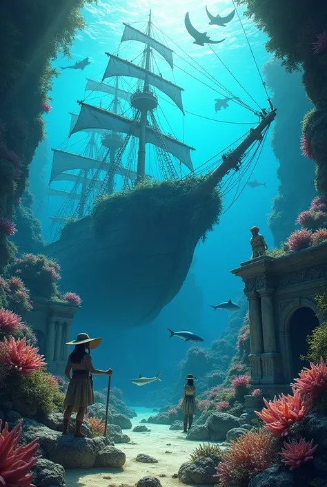 Digtal art of the underwater world including sting rays , types of fish , corals, wrecked ships, sharks, different features olden days underwater secret kingdom, mermaids, fisherman above water , pirates 🏴‍☠️ and pirate ships add lots of features of the un...