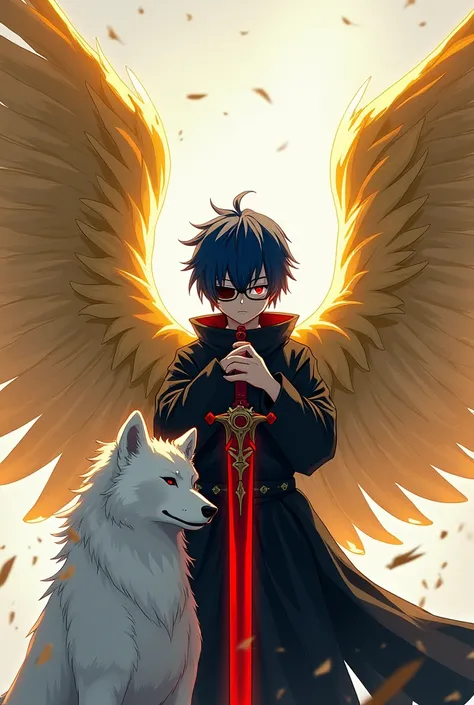 Make a boy with . Black clothes dark blue hair covering one eye and a golden angel wing with anime-style glasses only face with a red sword and a pet snow wolf with a golden aura 