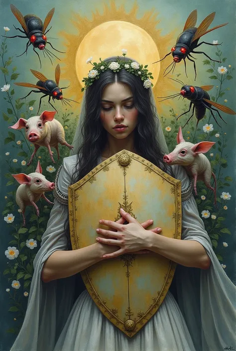  make me an image of a virgin crying with a shield ,  while being attacked by hundreds of disgusting insects  (Pigs, flies, cockroaches, rats etc )  play the virgin with a beautiful floral background ,  while the insects put them on a dark and dark backgro...