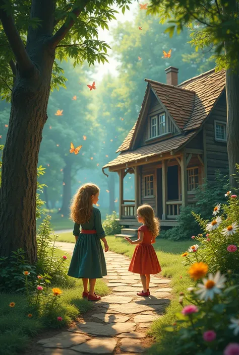 Crea una imagenplano general:
MEDIUM SHOT:
Detail shot:


Sofia y Valentina aparecen en un bosque encantado,  are shown in the form of animated people ,  surrounded by trees and bright lights .
 A stone road leads to an old cabin .
 Flowers and butterflies...