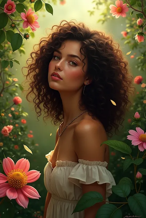 A curly-haired brunette woman with lights in a garden with a couto flower