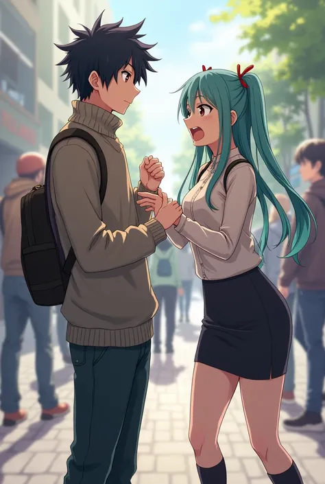 A guy with messy black hair, brown eyes wearing a baggy turtle neck sweater and baggy pants, and Miku Nanako from The Quintuplets wearing a pencil skirt, they accidentally bump into each other