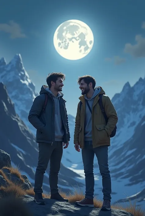 Two male friends sitting on mountain and Loughing loudly Infront of full moon
