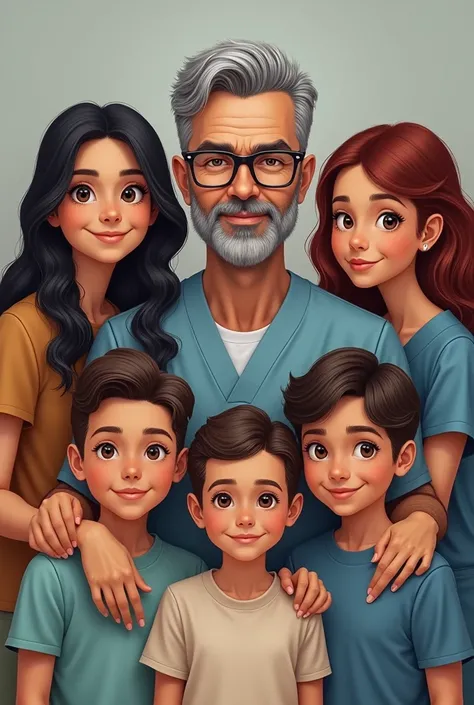  Draw a dentist with a short medium gray beard and lenses, with his 4 little nephews , One of them men with black hair lenses ,   lenses 1 of them is a woman with dark red and long hair with lenses, One of them is a woman with a cinnamon tone, There are 5 ...