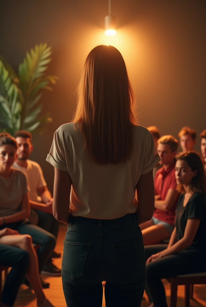 Make a white Brazilian woman with straight, copper-blond hair below her shoulders giving a lecture to 10 people all wearing casual clothes the woman has her back on the image 