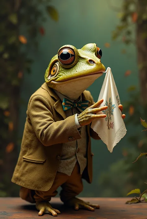 Toad dressed as Márquez holding a silk handkerchief and carrying it to his nose as if he were going to sneeze 