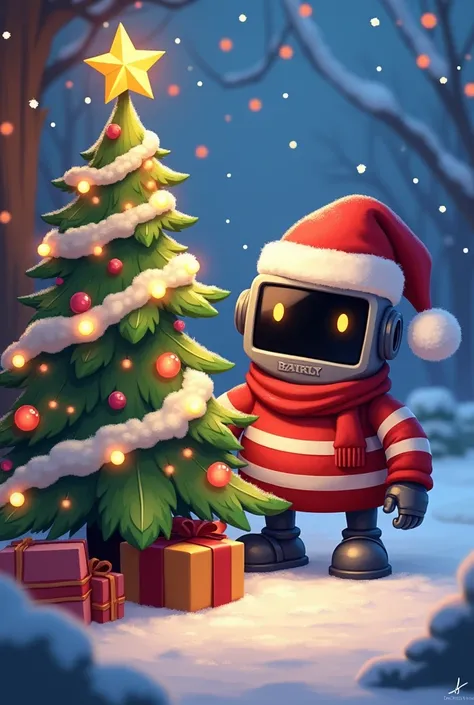 Barryl from brawl stars christmas version next to a christmas tree 