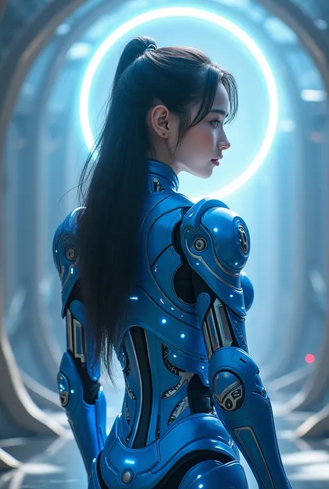 (Photorealistic: 1.2) Beautiful teen japanese girl with technological blue iron armor from the future. Large Glowing. With a halo on the head. Rear view. 