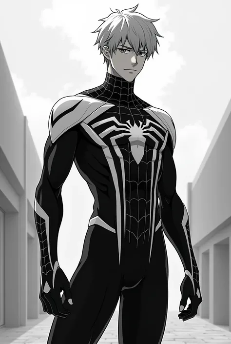 Gojo Satoru en tenue de Spider-Man, sans masque, palette de couleurs noir et blanc, pas de masque, cheveux courts 