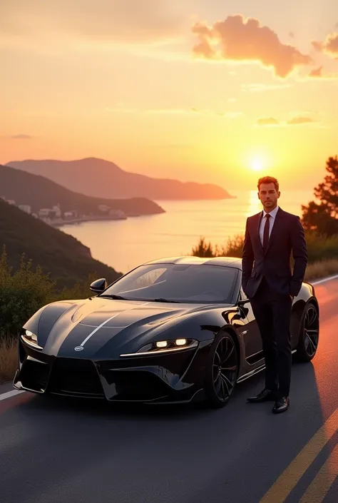 A hyper-realistic scene of a luxury sports car parked on a scenic, affluent coastline road during sunset. The car is sleek and shiny, with modern, high-end design. The landscape features vast, lush hills in the distance, elegant villas overlooking the ocea...