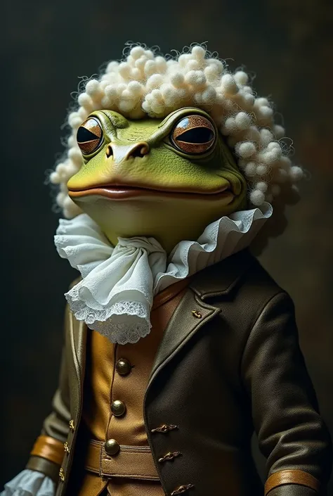  Toad dressed as an 18th century duke ,  with an accusing look , Believer ,  slender and dark background. With an anthropomorphic face and a smug expression 