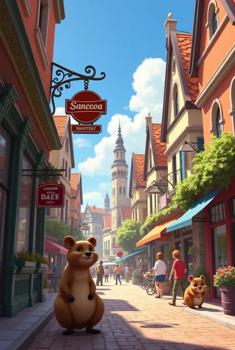  create an image that looks like the  "front page"  of a city with the mixture of cultures of Germany and France, There is a sign that says "Sanccoa "  and on the other side a quokka 