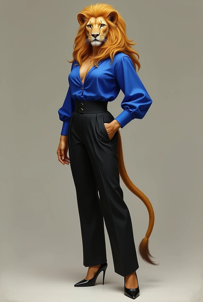 Can you create a picture of a lion standing as a woman. Wearing a royal blue blouse color and black trouser with high heels… 

The background should be solid.. it should not look like a cartoon…

of course it should look more professional 