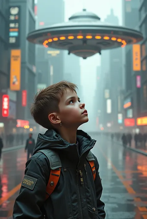 Cyberpunk boy , 8k ultra realistic science fiction background,  ufo flying in background, cyborg theme