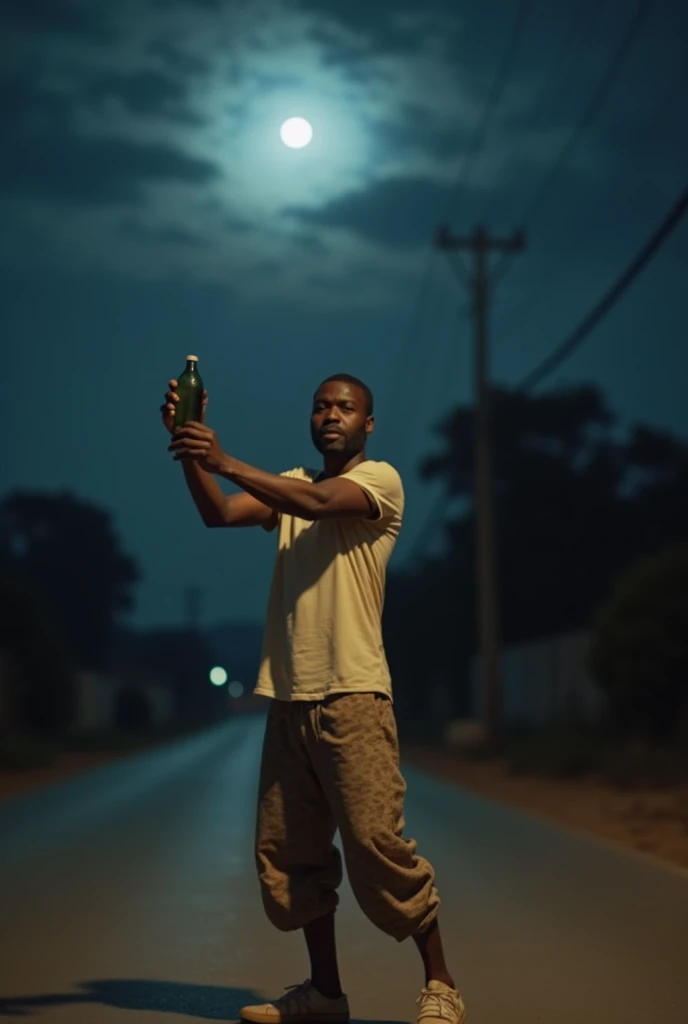 An African man, he wears a t-shirt and a fabric pants, he is 30 years old, he is standing alone in an African road, he holds a bottle like he will throw it,  night scene, moonlight, realistic wide shot, blur background 