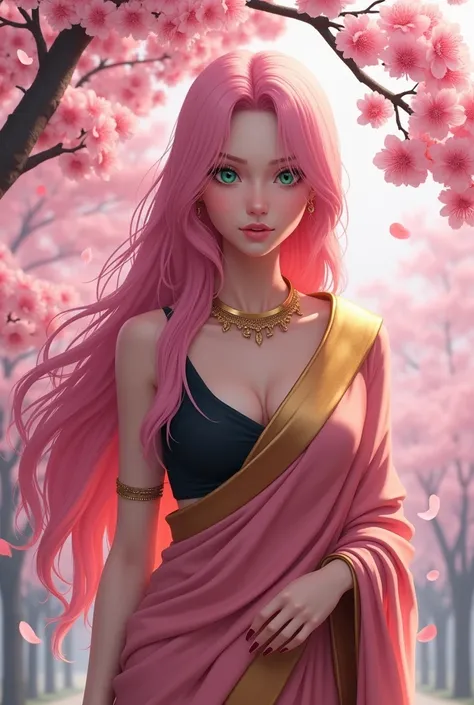 masterpiece, absurdres, sakura(boruto), 1girl, solo,mature female, wearing indian saree, saree has black blouse, golden dupatta and golden pallu, looking at viewelling petals), perfect composition, detailed lips, big breast, beautiful face, body proportion...